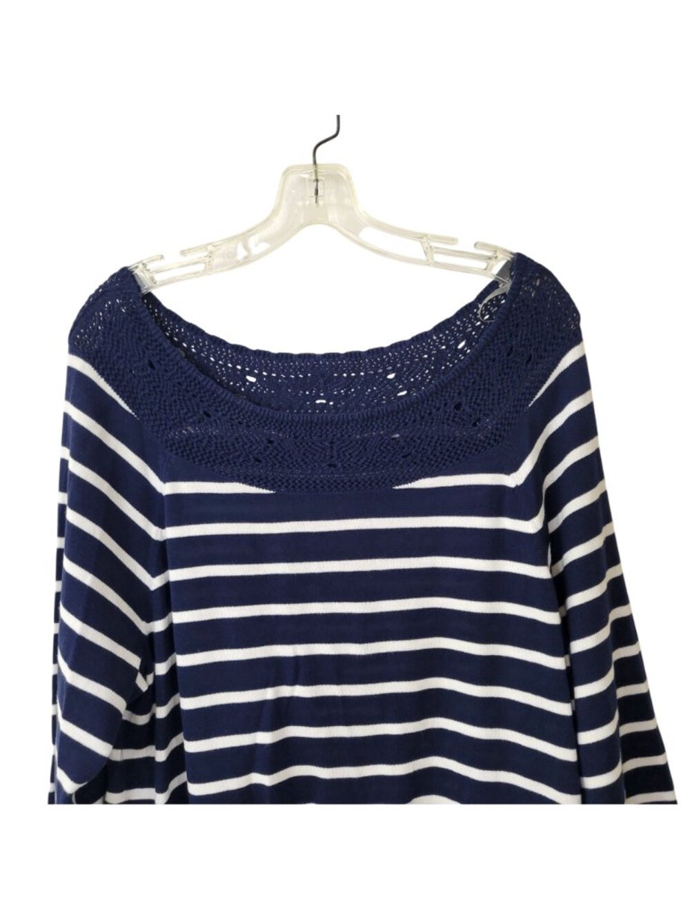 Chaps Navy and White Striped Pullover Sweater with Crocheted Neckline - Picture 2 of 5